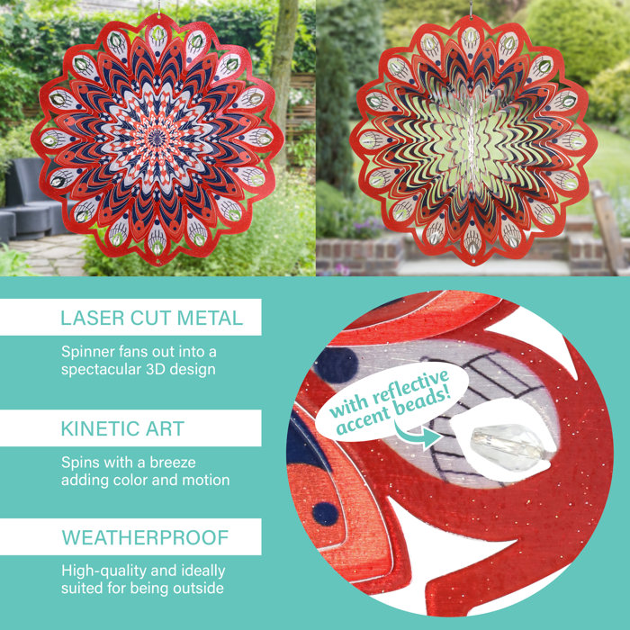 Exhart Laser Cut Red and Black Mandala Hanging Wind Spinner with Bead